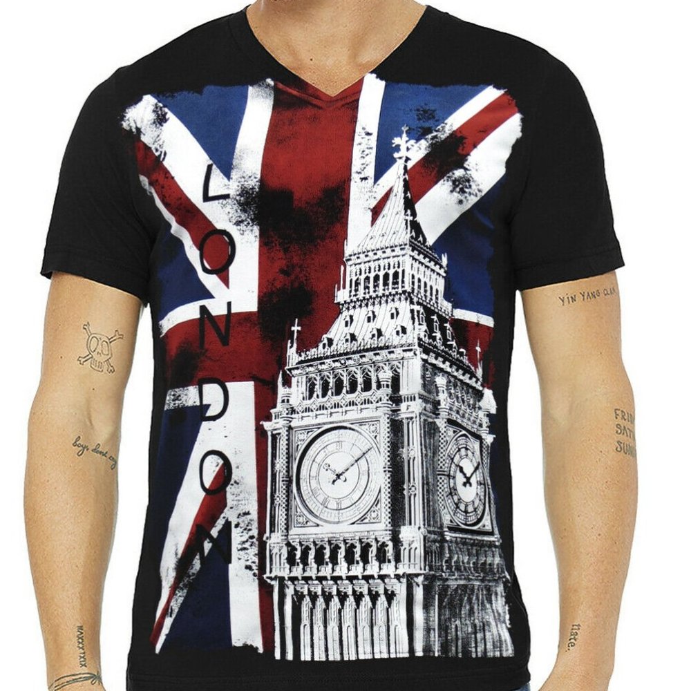 NWT EXCHANGE ENGLAND LONDON MEN'S BLACK V-NECK SHORT SLEEVE T-SHIRT SIZE S M